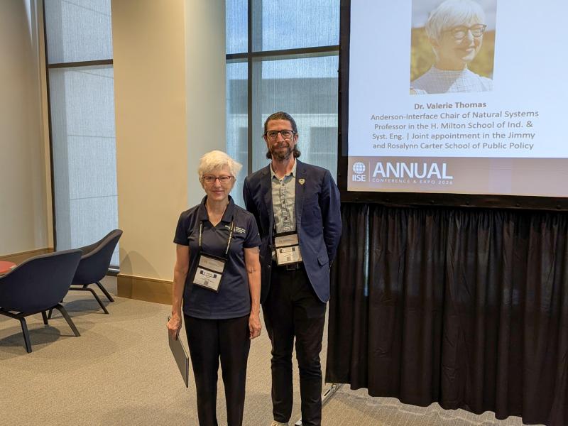Professor Valerie Thomas receiving the 2026 IISE Sustainable Development Division Teaching Award, from Jeremy Rickli, Assoc. Professor of Industrial and Systems Engineering at Wayne State University and Past-President of the IISE Sustainable Development D